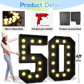 Froova 4FT Light up Numbers 50 Big Mosaic Numbers Marquee Lights Sign 50 Frame with Slots for 50th Birthday Party Large Cardboard with Light Bulbs Pre-Cut Kit Giant Cut-Out Thick Foam Board Sign DIY