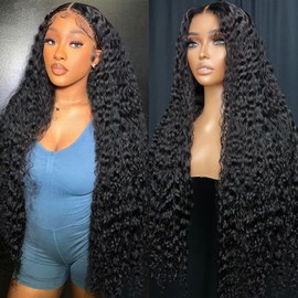 Jilho 13x6 Water Wave Lace Front Wigs Human Hair Pre Plucked HD Transparent Lace Front Wigs Human Hair Water Wave Lace Frontal Wigs Human Hair Wigs for Women (Natural Black, 30 Inch)