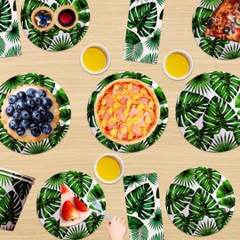 QYCX Palm Leaves Plates Napkins Cups Tropical Party Decorations Tropical Palm Leaves Tableware Turtle Leaf Plate Palm Leaf Dinnerware for Summer Wild One Jungle Safari Hawaiian Luau Party Decorations