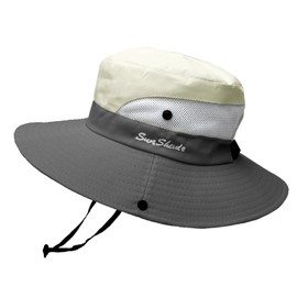 PACDE Adjustable Wind Cord Women Sun Hat Mesh UV Protection Safari Cap Fishing Walking Hiking Boonie Breathable Horsehair Opening(Beige Gary,UK Size6 3/4-7 1/8)