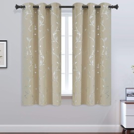 BUHUA Flower Print Blackout Curtains Thermal Insulated Window Curtains Silver Elegant Vine Pattern for Baby Room Beige 38W by 63L 2 Panels