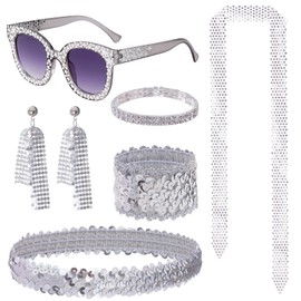 baotongle 70s Outfit Disco Accessories Costume Glitter Disco Hat Earrings Bracelet Necklace Leg Cuffs Accessories for Carnival Costume, silver, One size