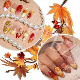 30pcs Fall Maple Leaf Press on Nails Autumn Fake Nail with 3D Floral & Gold Leaf Art in Medium Almond Handmade Thanksgiving Nail Art for Holiday, Vacation, Birthday Nail Decoration for Women