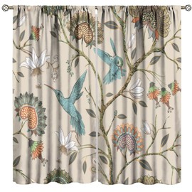 Boho Floral Curtain, Spring Unique Vintage Plant and Hummingbird Window Curtains for Living Room Bedroom 42" W X 45" L
