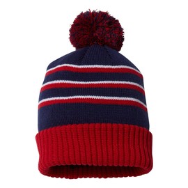 Richardson Stripe Pom Beanie with Cuff One Size Navy/Columbia Blue/White