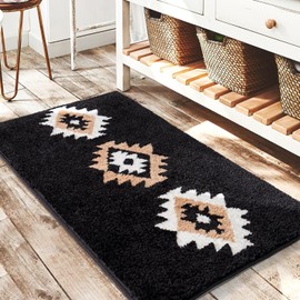 QIUKUN Boho Bathroom Rugs Coral Bath Mat Non Slip Western Geometric Bath Rug Luxury Soft Absorbent Carpet for Bathroom Shower Kitchen Entryway Bohemian Farmhouse Decor (Black, 20”X 30”)