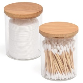 BKYFPQ 2 Pack Glass Qtip Holder Dispenser Set - Apothecary Jars with Lids - Vanity Makeup Organizer and Bathroom Canister Storage Organizer for Cotton Ball, Swab, Round Pads,Floss
