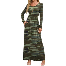 DEARCASE Maxi Dress for Women Camouflage Green Medium Round Neck Boho Long Sleeve Wedding Guest A-line Casual Hawaiian Empire Waist Flowy Spring Fall Winter Floor Dresses with Pocket
