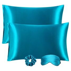 PiccoCasa Satin Pillowcases for Hair and Skin with Eye Mask and Scrunchie Soft Pillowcase 2 Pack Envelope Closure Silky Bed Pillow Covers Set for Sleeping Peacock Blue 50 x 65cm