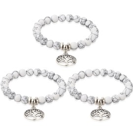 KARAZZO Natural 8mm Gorgeous Turquoise Bracelet Crystal Stretch Beaded Bracelet Rock Bracelets Adjustable for Boys Girls and Adults Gifts (3PCS White)