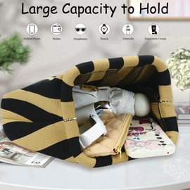 WOZEAH Summer Clutch Purses for Women Casual Crochet Dumpling Bag Colorblock Striped Cloud Clutch Handbags(A-Black Brown)