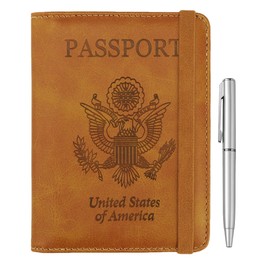 WALNEW Passport Holder for Travel, RFID Passport Cover Wallet for Women Men, PU Leather Passport Book Card Holder Case with Pen, Travelling Essentials for Flying