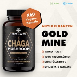 SOLVE Labs ● Premium Siberian Chaga Mushroom Capsules ● 10% Beta-D Glucans ● 10:1 Concentrate ● No Fillers and Additives ● 60 Capsules ● 1 Month Supply