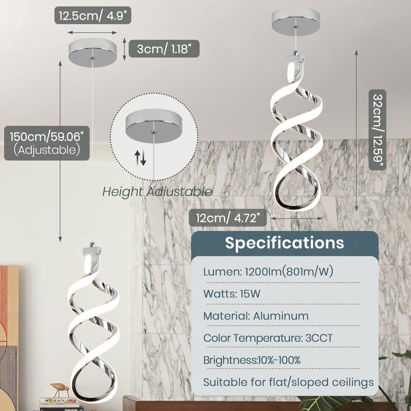 Modern Led Pendant Light Fixture, 15W Chrome Spiral Led Chandelier