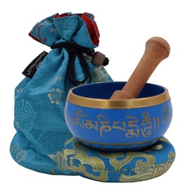 DharmaObjects ~ Tibetan OM MANI Singing Bowl Set ~ With Mallet, Brocade Cushion & Carry Bag ~ For Meditation, Chakra Healing, Prayer, Yoga (Turquoise)