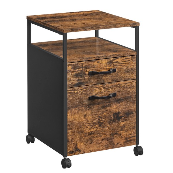 VASAGLE File Cabinet, Mobile Filing Cabinet with Wheels, 2 Drawers, Open Shelf, for A4, Letter Size, Hanging File Folders, Rustic Brown and Black UOFC71X, 17.3”D x 16.5”W x 26.2”H