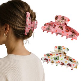 Large Hair Clips for Women - 4.3 Inch French Claw Clips, Strong Hold Non-Slip Butterfly Jaw Clips for Thin, Thick & Curly Hair (2PCS - White & Pink, Acrylic Hair Claw）