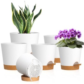 WSMKSZ 7/6.5/6/5.5/5/4inch Self Watering Pots for Indoor Outdoor Plants, 6 Pack Plastic Flower Planters with Drainage Holes and Removable Saucers, Plant Pots with Wicking Rope, White Brown