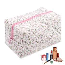 Floral Pattern Large Capacity Quilted Cosmetic Bag Soft Cotton Makeup Brush Beauty Tool Bag