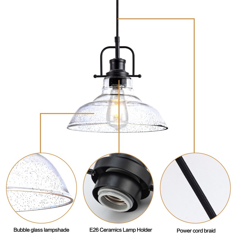 Zlepmlla Glass Pendant Light，Black Pendant Light Fixtures with Seeded Glass