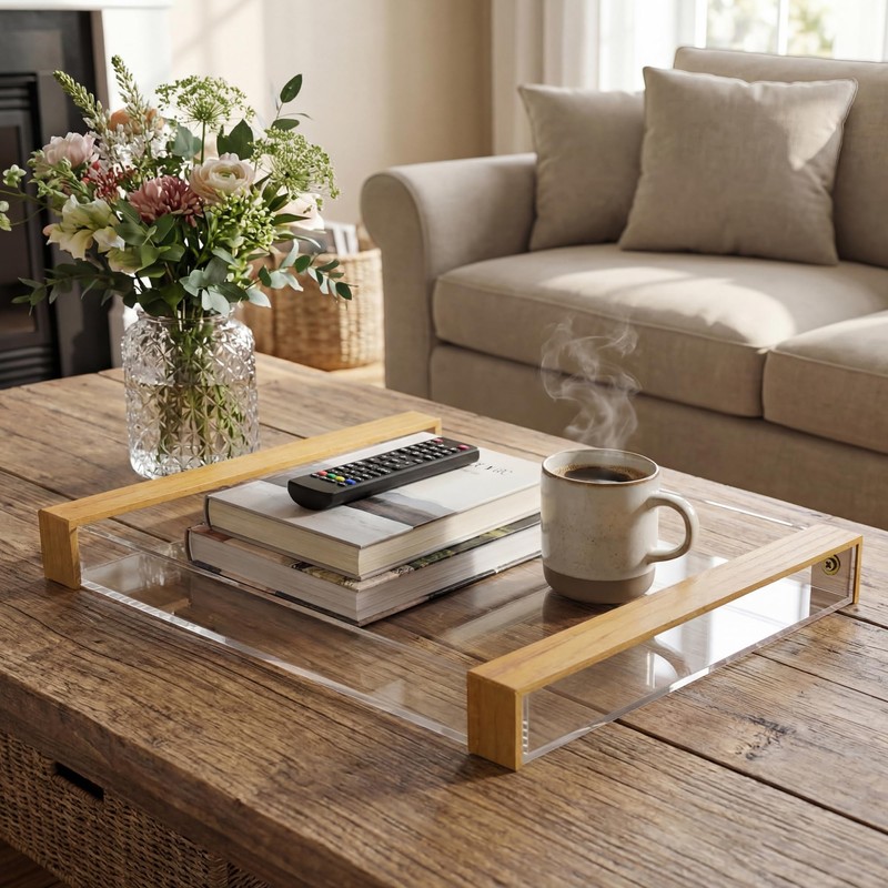 JUIOETUR Acrylic Serving Tray with Wooden Handles, Rectangle