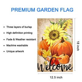 LHSION Pumpkin Sunflowers Garden Flag 12.5 x 18 Inch Welcome Fall Garden Flag Decorative House Yard Double Sided Flag for Indoor & Outdoor Autumn Thanksgiving Day Decoration