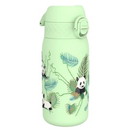 Ion8 Insulated Steel Water Bottle, 320 ml/11 oz, Leak Proof, Easy to Open, Secure Lock, Dishwasher Safe, Carry Handle, Flip Cover, Metal Water Bottle, Raised Print, Stainless Steel, Pandas Design