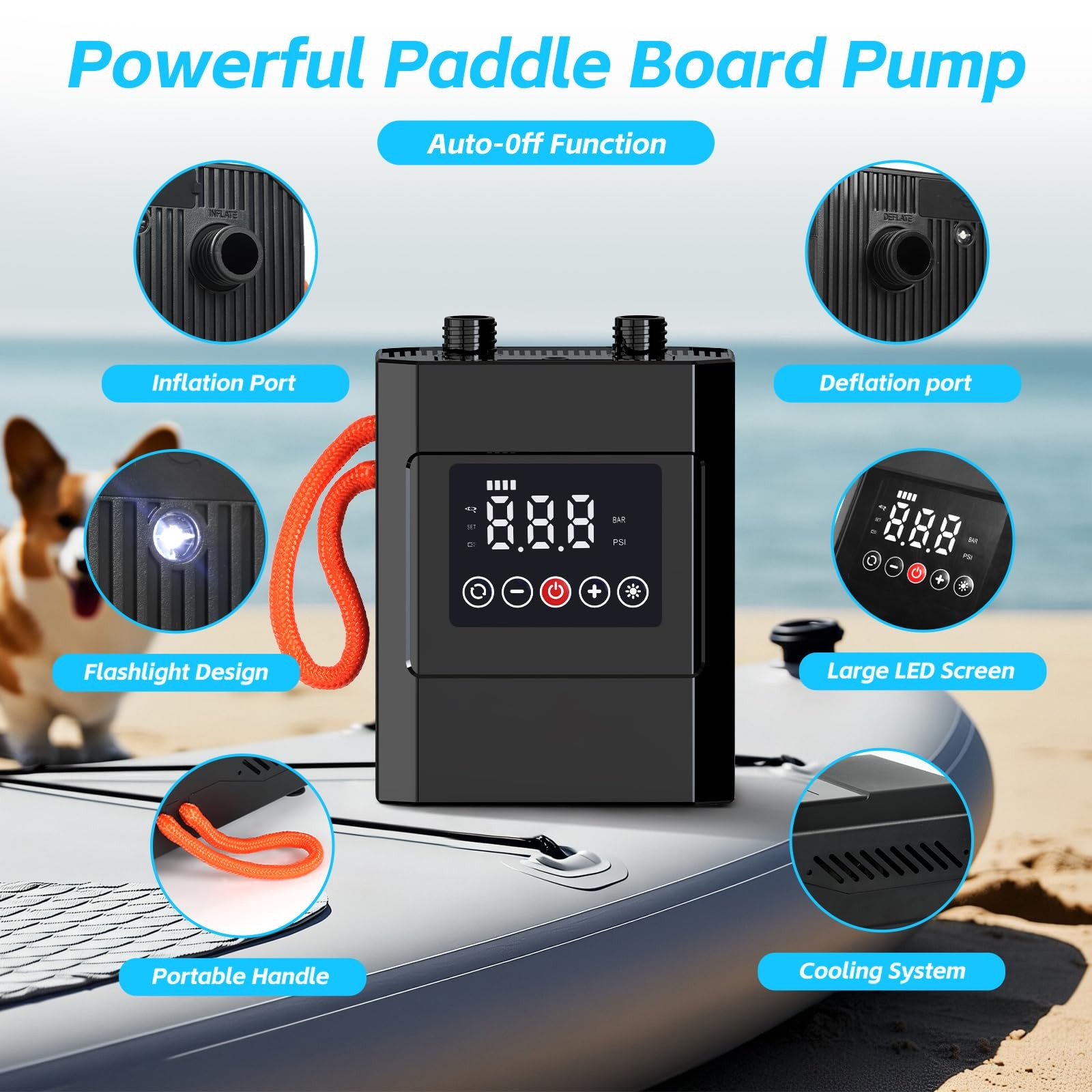 Pompe Électrique Rechargeable 20 PSI Pour Paddle Board - Gonflage Rapide Double Étage, Arrêt Auto - 8