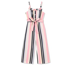 Crazyme Girls Jumpsuit Striped Sleeveless Girl Casual Rompers Suspender Wide Leg Pants with Belt Jumpsuit for Girls 4-13Y