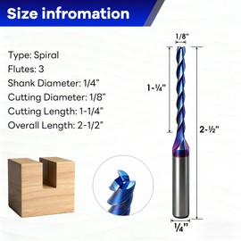 CNC Router Bit 1/8 inch Cutting Dia, 1/4 inch Shank, 3 Flutes Upcut Spiral Router Bit, Solid Carbide End Mill with Nano Blue Coating for Wood PVC Carving Engraving (2 Pack)