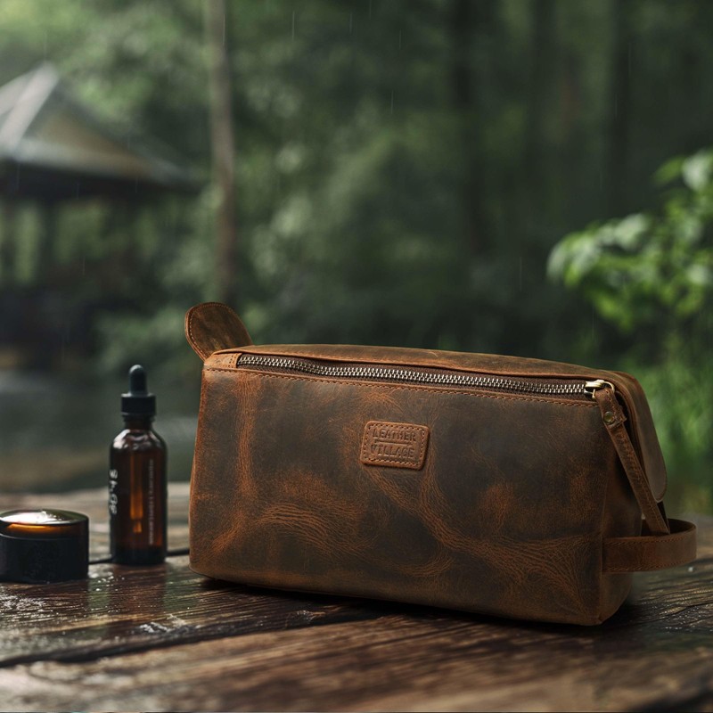 LEATHER VILLAGE Premium Leather Travel Toiletry Bag - Unisex Water-Resistant