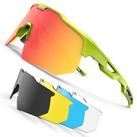 [HAAYOT] Polarized Cycling Glasses Men Women Road Bike Sports Sunglasses 5 Lenses TR90 Frame Mountain Bike Glasses MTB Goggles Running Fishing Hiking, gloss green & orange