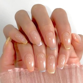 KQueenest Press on Nails French Tip – Bunt Nägel zum Aufkleben Lange Mittel Sarg, French Tip Fake Nails Set, Quadratische Künstliche Nägel für Frauen, 24 Stück