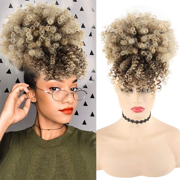LEOSA Wig Afro Puff Drawstring Ponytail Bun with Bangs Heat Resistant Synthetic Short Kinky Curly Ponytail Updo Hair Extensions with Two Clips,Natural looking Curly Women Hairpieces (#4/613) …