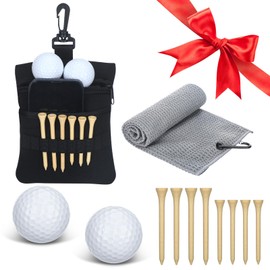 Realspring 12 Pcs Christmas Golf Gifts Set Include 1 Golf Tee Pouch Bag, 8 Wooden Golf Tee Holder, 1 Golf Towel and 2 Golf Ball, Golf Accessories for Men Golfers