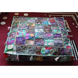 CRAFT KALA 35 in Indian Patchwork Ottoman Embroidered Designer Traditional Pouf Cover Indian Living Room Poufs Decorative Ottoman Home Living Footstool Chair Cover Bohemian Ottoman Decor (Dark Green)