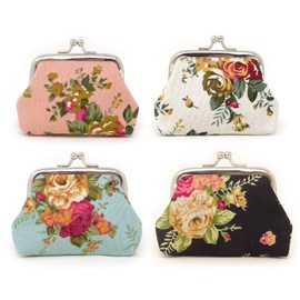 HONBAY 4PCS Canvas Floral Rose Flower Coin Purse Kiss Lock Change Purse Vintage Trinkets Pouch Small Women Wallet Clutch Purse