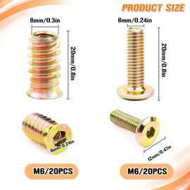 Screw-in Nut M6 x 20 Screw Sleeves with Flat Head Screws Threaded Insert Wood Threaded Bushing Nuts Made of Steel