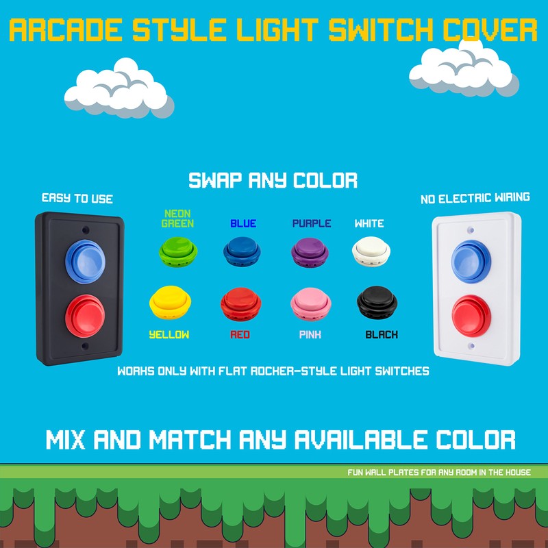 Arcade Light Switch Plate Cover, Single Switch (Black/Red/Blue), 1-Gang Standard