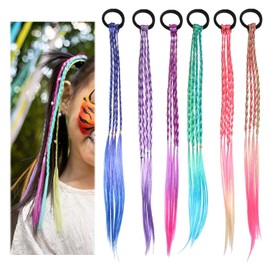 simarro 6pcs Colored Braids Hair Extensions, Braided Ponytail Extension | Girls Rubber Bands Hair Extensions Crazy HairDay Accessories With Colorful Braids for Girls Cosplay Dress Up