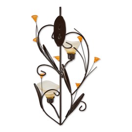 Zingz & Thingz Beauty in The Petals Collection Floral Lily Tealight Candle Wall Sconce, 15x7.5x3.5, Amber Lilies