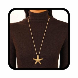 Allereya Boho Long Starfish Pendant Necklace Starfish Rope Necklace Gold Starfish Necklace Chain Large Starfish Chain Necklace Brown Wax Rope Necklace Jewellery for Women, Zinc, No Gemstone