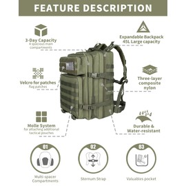 LAZLTOU 45L Military Tactical Backpack For Men Large Army 3 Day Molle Assault Pack Bug Out Bag Rucksack Laptop Daypack for Gym Hiking Army Camping Green
