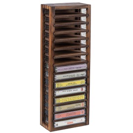FARM IN Cassette Tape Storage, Farmhouse Style Cassette Rack Tower, Single-Sided 16-Slot, Rustic Solid Burnt Wood & Diamond Metal Wire Mesh