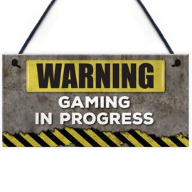 RED OCEAN Warning Gaming In Progress Hanging Plaque Man Cave Bedroom Wall Fathers Day Sign