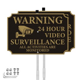 YIKIADA 2 Pack Warning 24 Hour Video Surveillance Sign All Activities Are Monitored with Stake 12 × 8 Inches Heavy-Duty Aluminum Reflective Waterproof Signage for Home Business Yard
