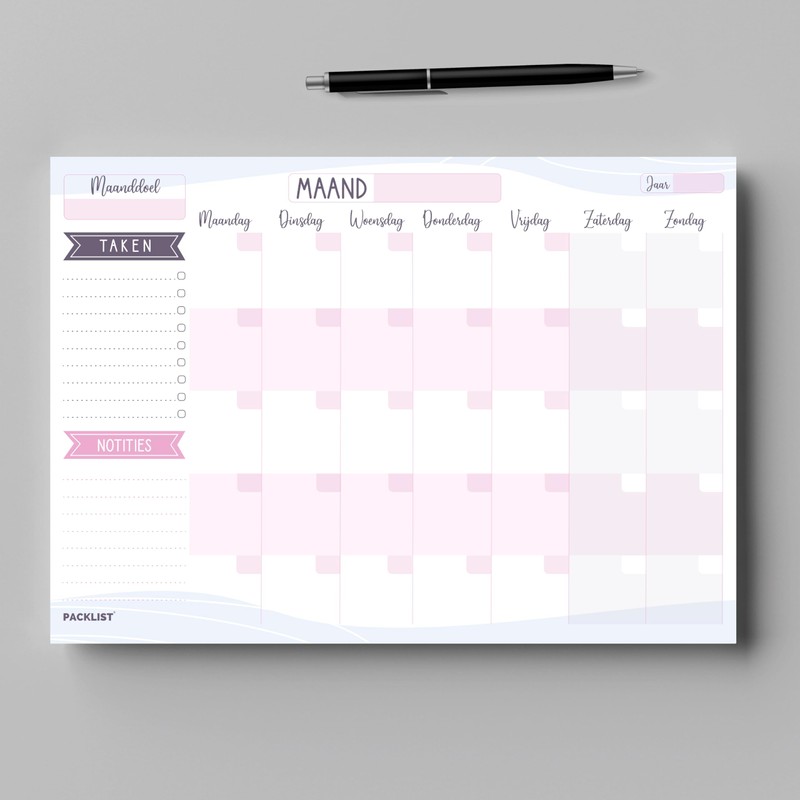 PACKLIST Maandelijkse Planner, Organiser A4 - Eeuwige Agenda Calendar -