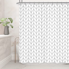 Riyidecor Boho Chevron Herringbone Shower Curtain Black White 60x72 Inch Geometric Striped Simple Modern Classy Neutral Contemporary 12 Pack Hooks Decor Fabric Bathroom Set Polyester Waterproof