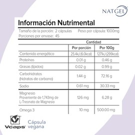 MAGNESIO L-TREONATO | NatGel Treonato de Magnesio con Omega 3 | Alta Absorcion, Apoyo Cognitivo y Relajacion | Suplemento para Memoria, Enfoque y Sueñ