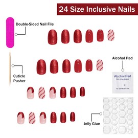 Christmas Press on Nails Medium Almond SWEKKE French Tip Fake Nails Red False Nails with Designs Santa Hat Swirl Glitter Full Cover Glossy Glue on Nails Xmas Acrylic Nails for Women Girls 24 Pcs